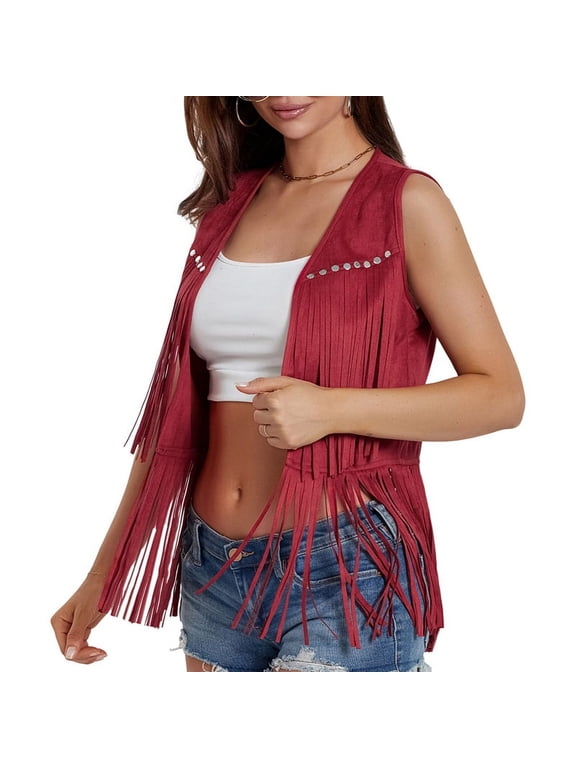 Women 70s Hippie Faux Suede Rivets Sleeveless Fringe Waistcoat Open Front Boho Western Jacket Cardigan Red XXL