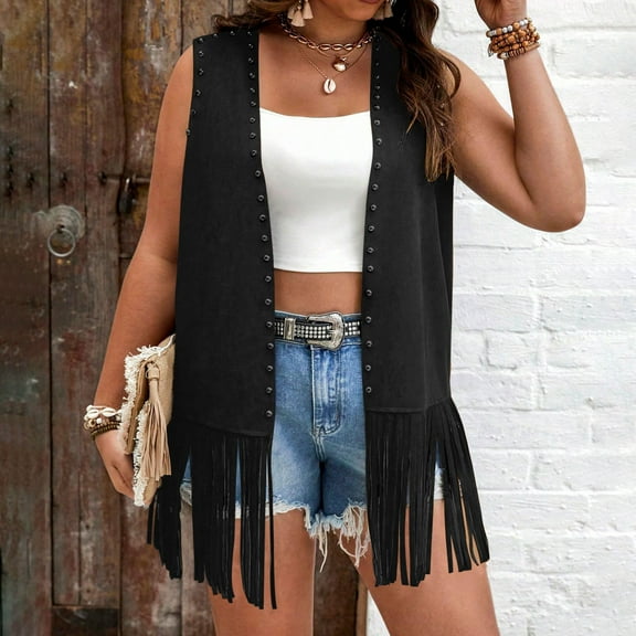 Women Tassel Vest Sleeveless Open Front Western Fringe Jacket 60s 70s Hippie Faux Suede Cowboy Cowgirl Vest Black XXXL