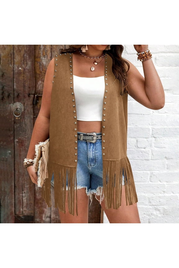 Women Tassel Vest Sleeveless Open Front Western Fringe Jacket 60s 70s Hippie Faux Suede Cowboy Cowgirl Vest Brown S
