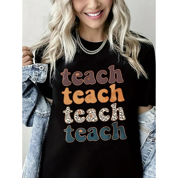 Women Teacher T-Shirt Teach Graphic Shirt Casual Loose Short Sleeve Crew Neck Top