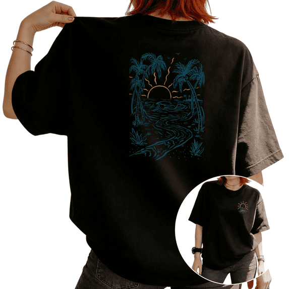 Women Teal Blue Tropical Beach Sunset Graphic Tees T-Shirt Tops Round Neck Cotton T-Shirt Black S-5XL
