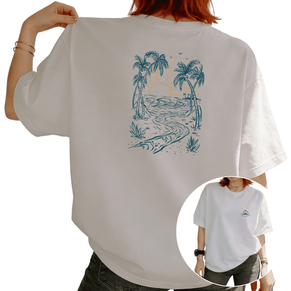 Women Teal Blue Tropical Beach Sunset Graphic Tees T-Shirt Tops Round Neck Cotton T-Shirt White S-5XL