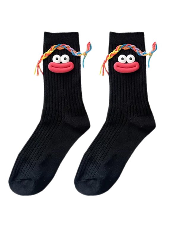 Women Teen Aesthetic Novelty Cartoon Calf Socks Soft Cotton Casual Footwear Funny 3D Braids Ugly Dolls Middle Tube Socks