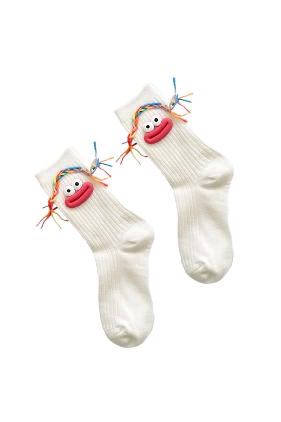 Women Teen Aesthetic Novelty Cartoon Calf Socks Soft Cotton Casual Footwear Funny Braids Ugly Dolls Middle Tube Socks