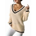 thumbnail image 1 of Women Teen Baggy Fashion Striped Long Sleeve Knit Tops Fall Winter Vneck Pullover Preppy Clothes  M, 1 of 6