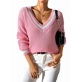 thumbnail image 1 of Women Teen Baggy Fashion Striped Long Sleeve Knit Tops Fall Winter Vneck Pullover Preppy Clothes Pink L, 1 of 8