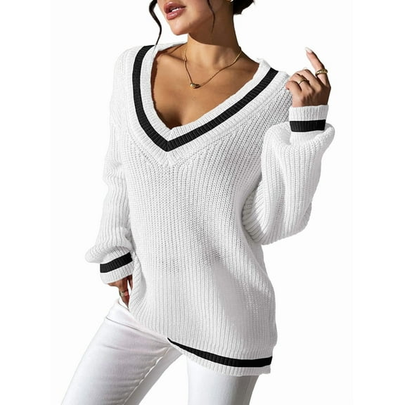 Women Teen Baggy Fashion Striped Long Sleeve Knit Tops Fall Winter Vneck Pullover Preppy Clothes White M