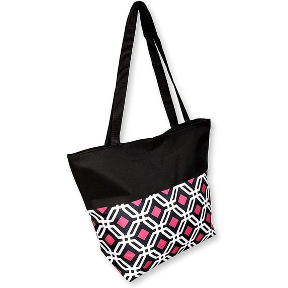 Women Teen Fashion Print Lined Top Zipper Tote Bag Handbag with Solid Top - Can be Personalized Black Trim - Pink Diamond