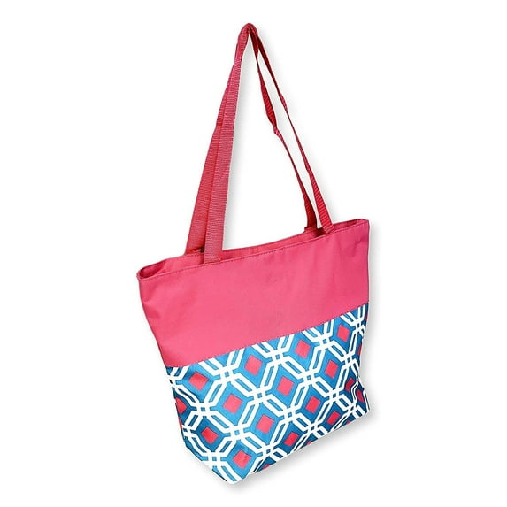 Women Teen Fashion Print Lined Top Zipper Tote Bag Handbag with Solid Top - Can be Personalized Pink Trim - Blue Diamond