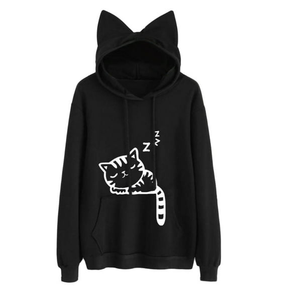 Women Teen Girls Autumn Long Sleeve Hoodies Novelty Cute Cat Ears Sleeping Kitten Printed Drawstring Sweatshirt Casual Loose Pullover Top with Pocket
