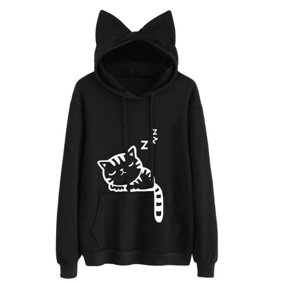 Women Teen Girls Autumn Long Sleeve Hoodies Novelty Cute Cat Ears Sleeping Kitten Printed Drawstring Sweatshirt Casual Loose Pullover Top with Pocket