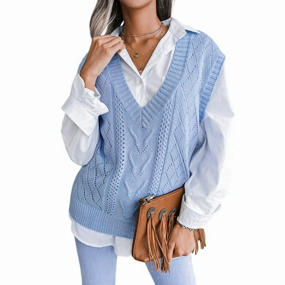 Women Teen Girls Cable Knit Sweater Pullover Casual Tops Sleeveless Winter Autumn Preppy Clothes Blue L