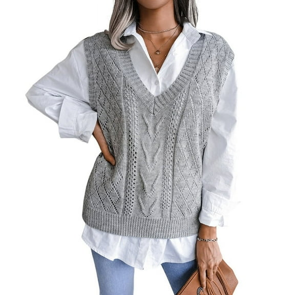 Women Teen Girls Cable Knit Sweater Pullover Casual Tops Sleeveless Winter Autumn Preppy Clothes Grey M