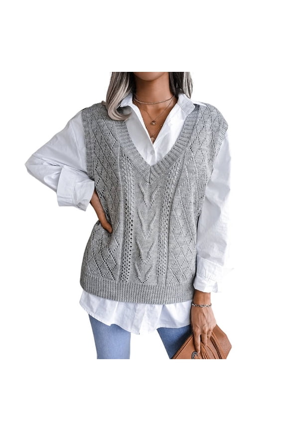 Women Teen Girls Cable Knit Sweater Pullover Casual Tops Sleeveless Winter Autumn Preppy Clothes Grey M