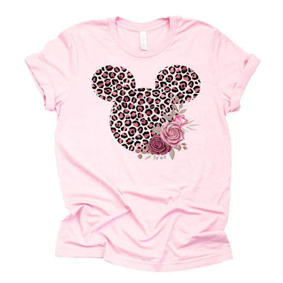 Women Teen Leopard Print Mickey Ears with Flowers Shirt Floral Adult Women Ladies Boho Character Tshirt (Medium, Light Pink)