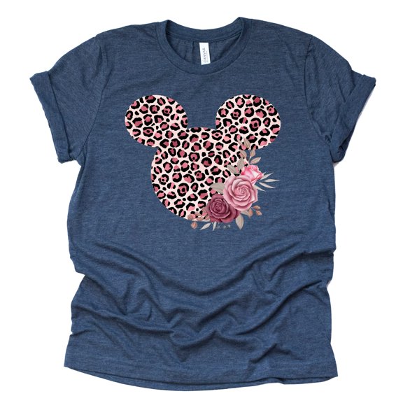 Women Teen Leopard Print Mickey Ears with Flowers Shirt Floral Adult Women Ladies Boho Character Tshirt (Medium, Navy)