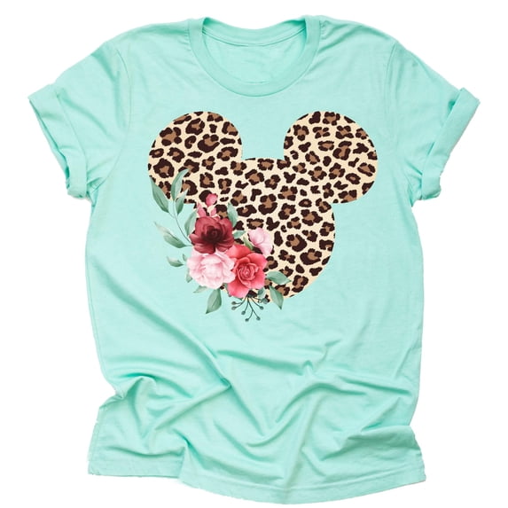 Women Teen Leopard Print Mickey Ears with Flowers Shirt Floral Adult Women Ladies Boho Character Tshirt (Mint, 4X Large)