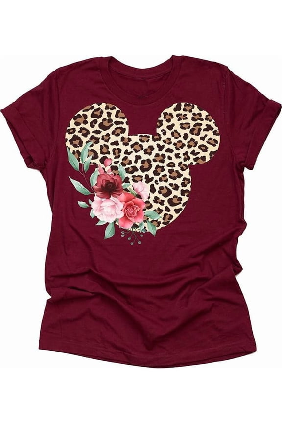 Women Teen Leopard Print Mickey Ears with Flowers Shirt Floral Adult Women Ladies Boho Character Tshirt (Raspberry, X Large)