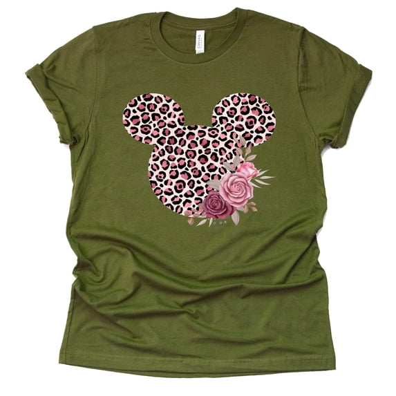Women Teen Leopard Print Mickey Ears with Flowers Shirt Floral Adult Women Ladies Boho Character Tshirt (XX Large, Olive)