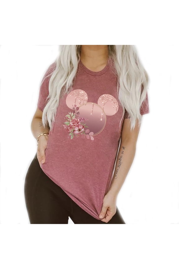 Women Teen Rose Gold Drip Mickey Ears with Flowers Shirt Unisex Floral Adult Ladies Boho Character Tshirt (Mauve, 4X Large)