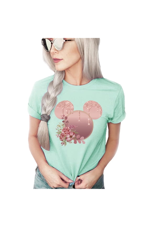 Women Teen Rose Gold Drip Mickey Ears with Flowers Shirt Unisex Floral Adult Ladies Boho Character Tshirt (Mint, Small)