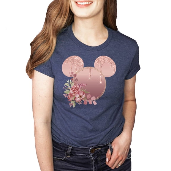 Women Teen Rose Gold Drip Mickey Ears with Flowers Shirt Unisex Floral Adult Ladies Boho Character Tshirt (Navy, 4X Large)