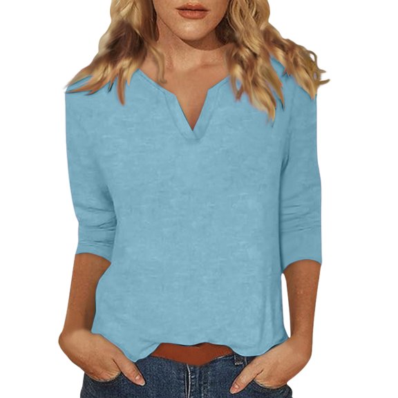 Women Tees Shirts Tops 3/4 Sleeve Solid Color V Neck Slim Fit Lightweight Outfits Clothes 2025