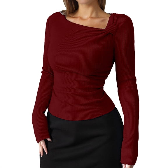Women Tees Shirts Tops Asymmetrical Hem Ruffle Knot Long Sleeve Slim Fit Solid Y2k Clothes
