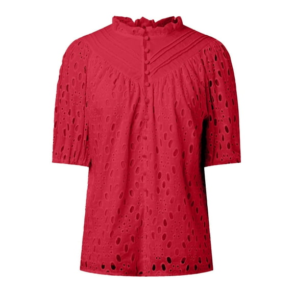 Women Tees Shirts Tops Dressy Short Sleeve V Neck Buttons Hollow Out Lace Embroidered Blouses Shirts 2025 Fall Outfits