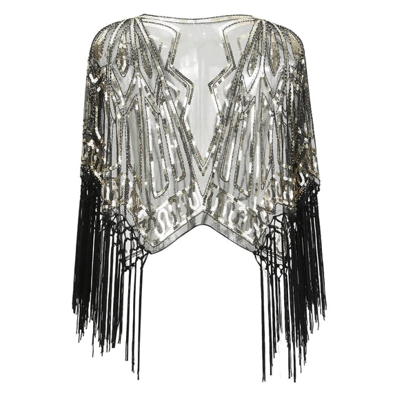 Women Tees Shirts Tops Flapper Sequin Fringe Shawl 1920s Beaded Cape Party Shrug Wrap Plus Size Clothes Black