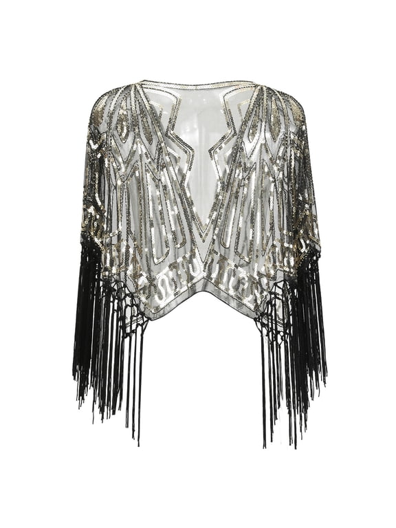 Women Tees Shirts Tops Flapper Sequin Fringe Shawl 1920s Beaded Cape Party Shrug Wrap Plus Size Clothes Black