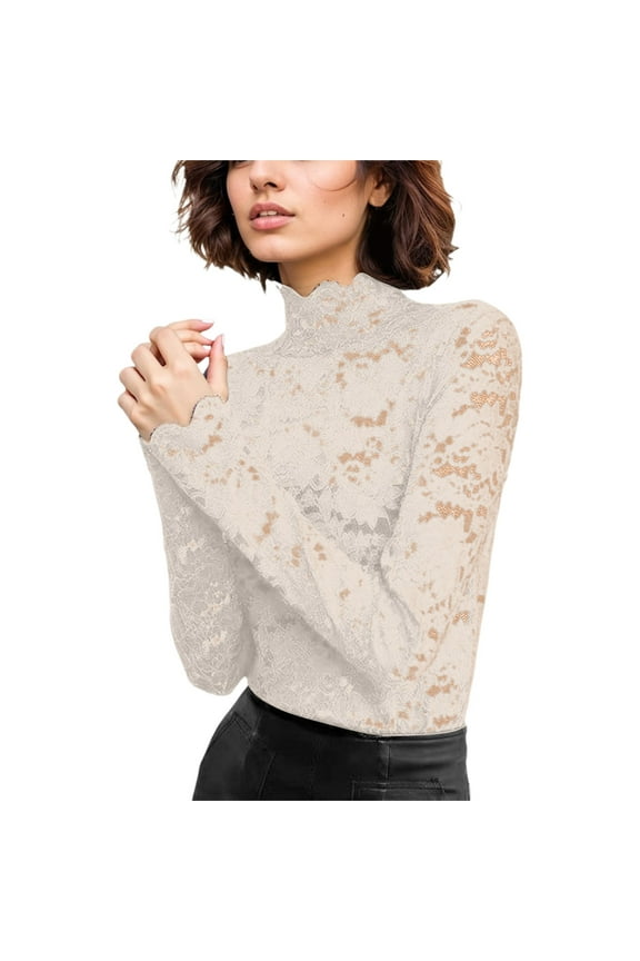 Women Tees Shirts Tops Floral Lace Long Sleeve See Through Mesh Underwear Blouse Shirt Dressy Casual Clothes