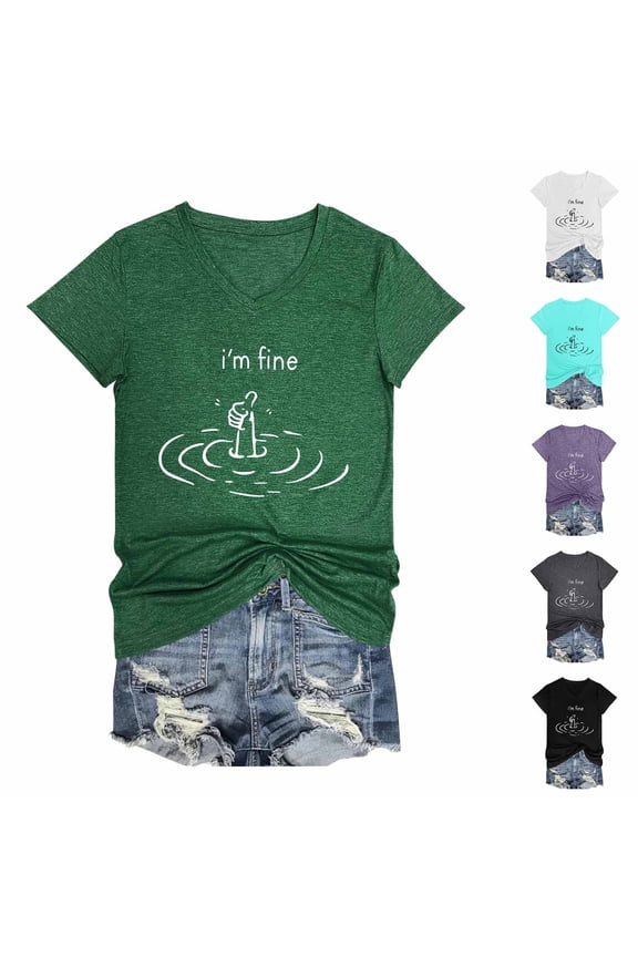 Women Tees Shirts Tops I'm Fine Funny Letter Graphic Short Sleeve Crew Neck Blouse Purple
