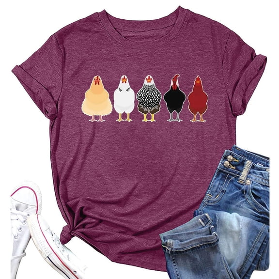 Women Tees Shirts Tops Letter Print Short Sleeves Funny Chicken Graphic Fall Fashion Y2K Clothes 2025