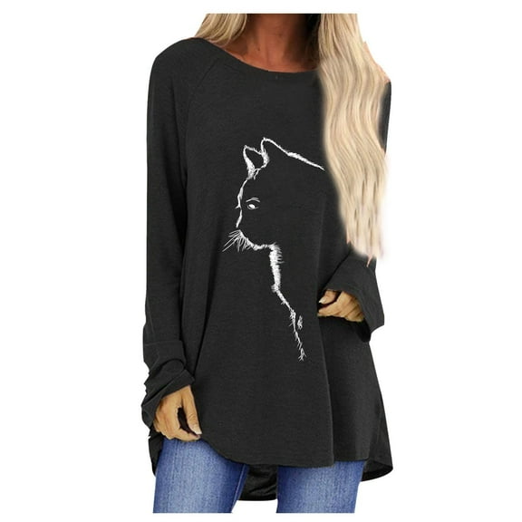 Women Tees Shirts Tops Long Sleeve Cat Print Loose Fit Round Neck Soft Ladies Fall Fashion Y2K Clothes 2025