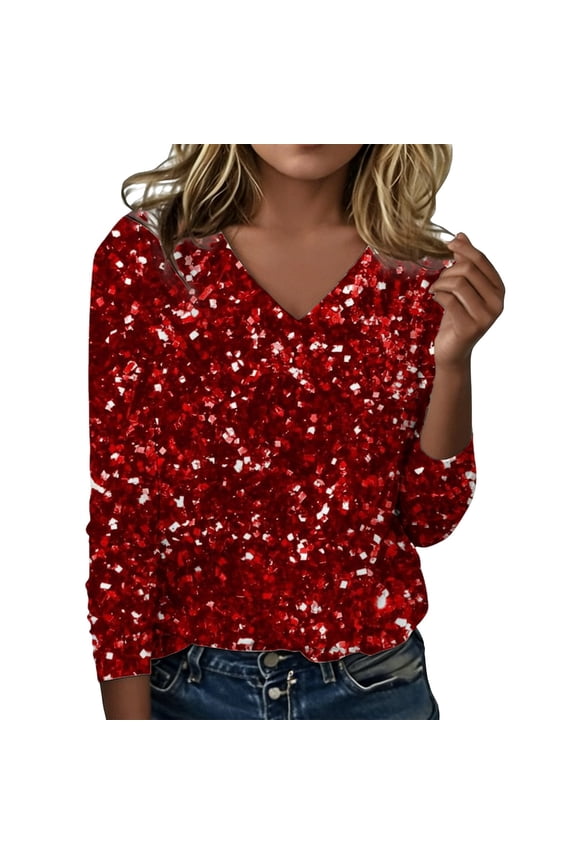 Women Tees Shirts Tops Long Sleeve Shiny Print Elegant V Neck Casual Dressy Clothes Red