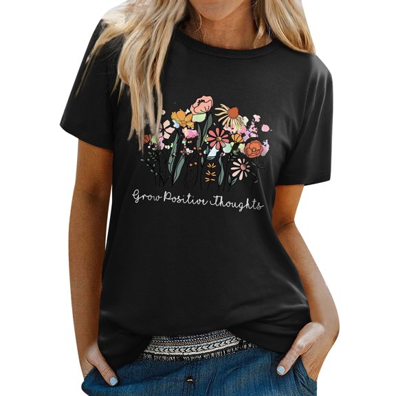 Women Tees Shirts Tops Round Neck Floral Print Short Sleeve Summer Basic Slim Undershirts