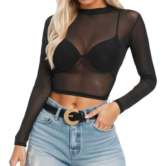 Women Tees Shirts Tops Sexy Slim Fit See Through Long Sleeve Mesh Tshirt Round Neck Solid Color Versatile Lightweight Outfits Clothes 2025