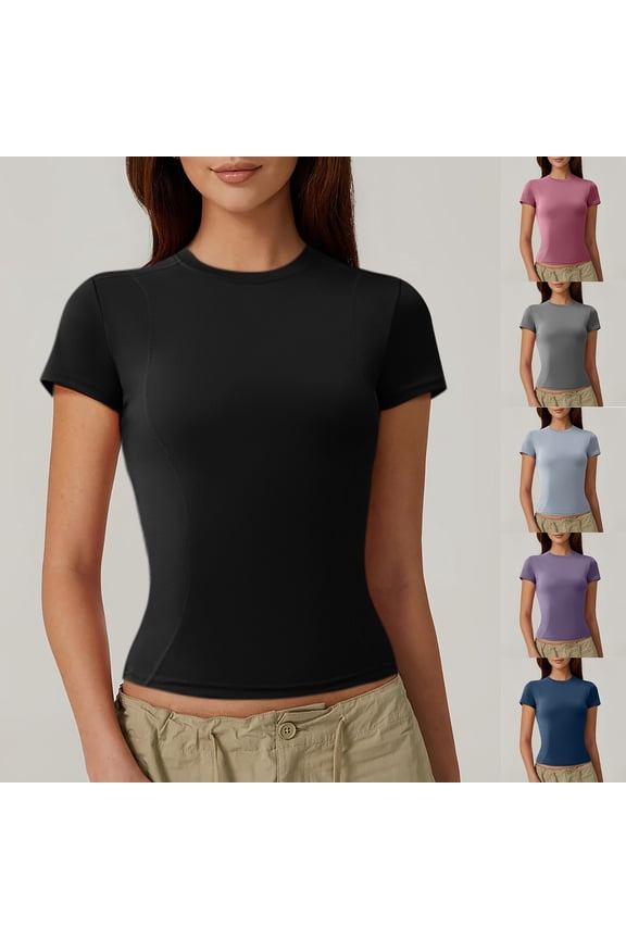 Women Tees Shirts Tops Short Sleeve Yoga Workout Cropped Solid Basic Tight Quick Dry Trendy Outfits Black
