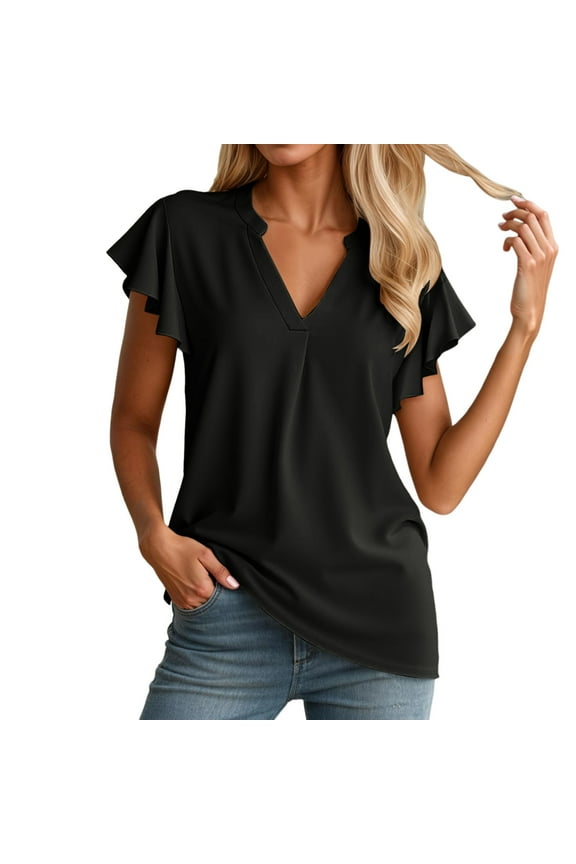 Women Tees Shirts Tops Solid Ruffle Flying Sleeve V Neck Slim Fit Basic Slim Undershirts