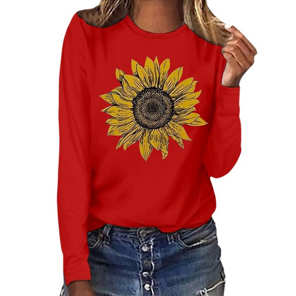 Women Tees Shirts Tops Sunflower Round Neck Long Sleeve Loose Fit Basic Slim Undershirts