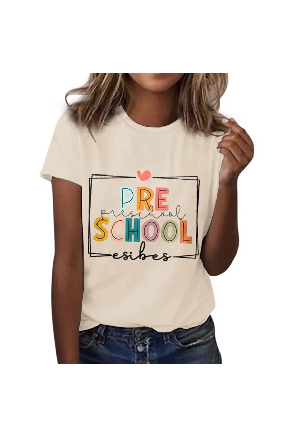 Women Tees Shirts Tops Teacher Short Sleeve First Day Of School Back To Graphic Tunic Blouse Beige L