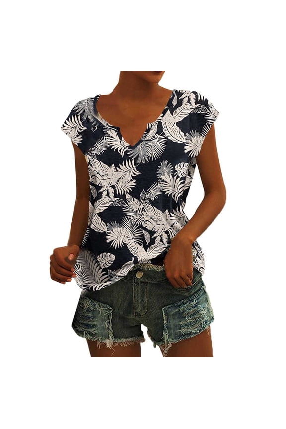 Women Tees Shirts Tops Tropical Leaf Print Summer Cap Sleeve V Neck Casual Tunic Blouse Black 2XL
