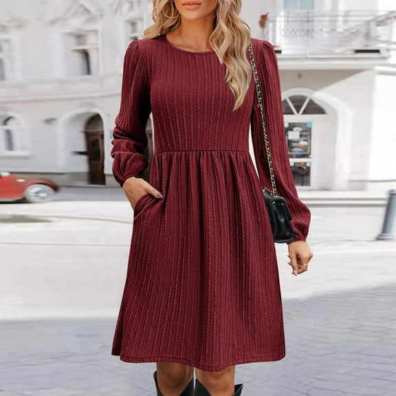 Women Temperament Round Neck Pocket Solid Color Knitted Jacquard Long Sleeve A Line Casual Dress Women Casual Dresses with Pockets Maxi for Women Women Dresses Casual Dresses for Women Party Casual