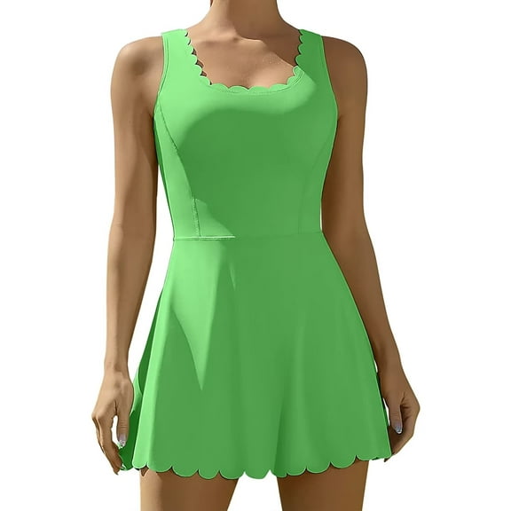 Charmo Womens Scallped Trim Tennise Dress Workout Athletic Golf Dresses with Shorts and Pockets