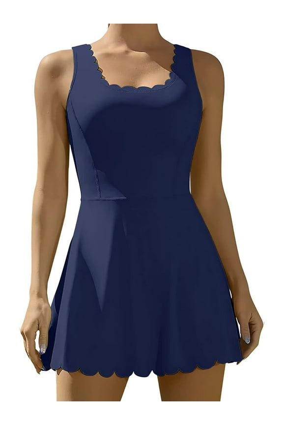 Womens Scallped Trim Tennise Dress Workout Athletic Golf Dresses with Shorts and Pockets