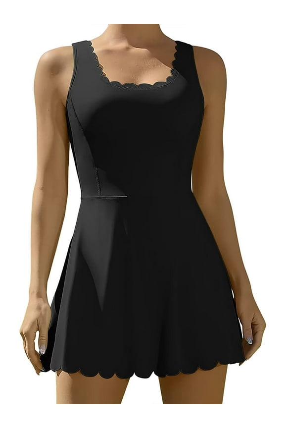 Womens Scallped Trim Tennise Dress Workout Athletic Golf Dresses with Shorts and Pockets