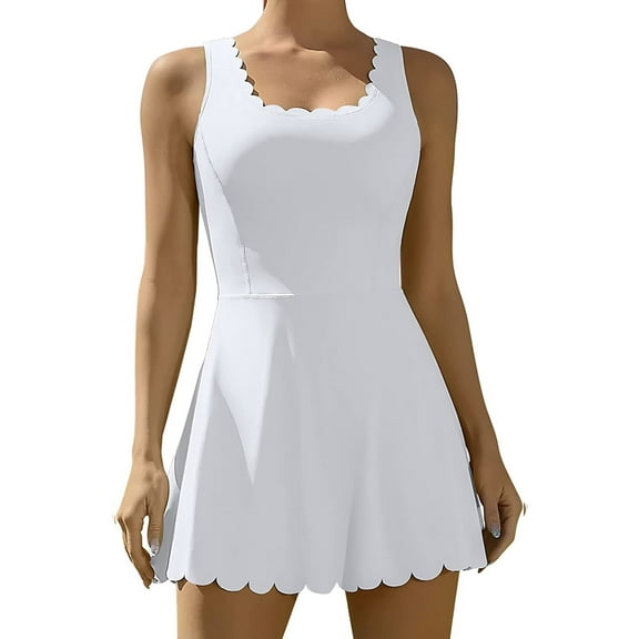 Charmo Womens Scallped Trim Tennise Dress Workout Athletic Golf Dresses with Shorts and Pockets