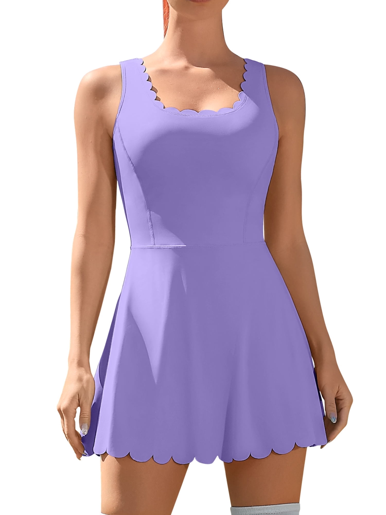 Charmo Womens Scallped Trim Tennise Dress Workout Athletic Golf Dresses with Shorts and Pockets