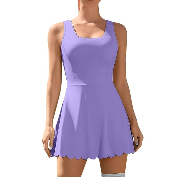 Charmo Womens Scallped Trim Tennise Dress Workout Athletic Golf Dresses with Shorts and Pockets